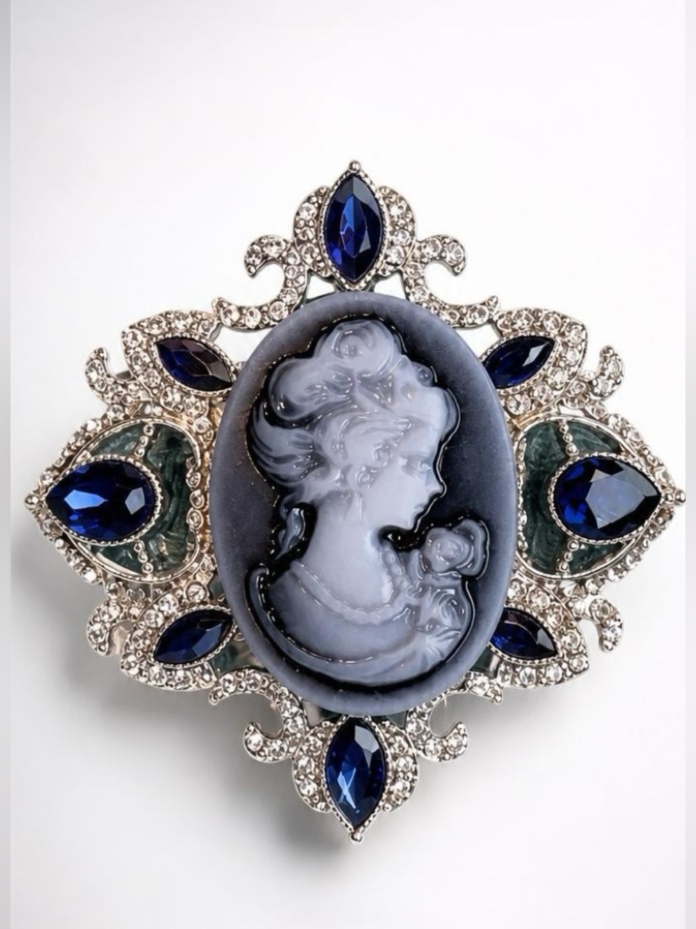 Vintage-Style Silver tone Cameo Brooch with Deep Blue Accents